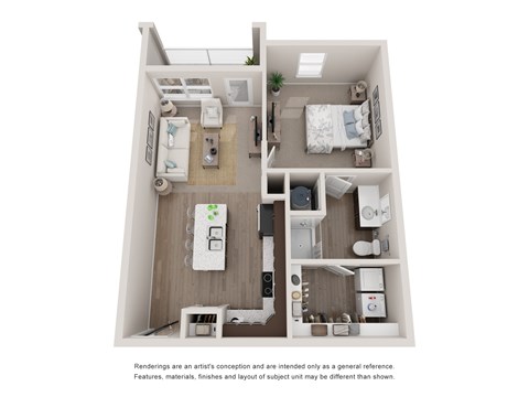 A floor plan of a small apartment with a kitchen, living room, and bedroom.